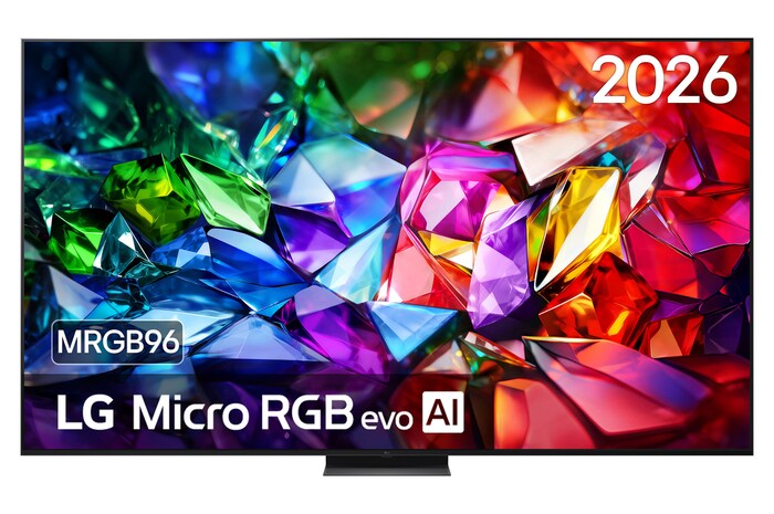 De voorkant van de LG Micro RGB evo AI MRGB95, uitgebracht in 2026, toont een levendig, kristalhelder beeld van scherp gedefinieerde rood-, groene en blauwe facetten, met een 100-inch scherm, webOS, RGB Primary Color Ultra en de α11 AI Processor 4K Gen3.